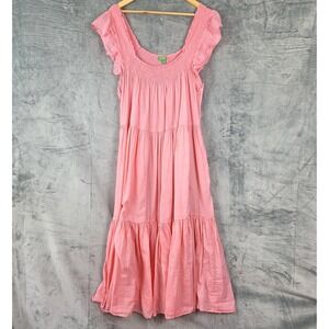 J Crew Dress 2X Pink Cover Up Smocked Tiered Maxi Beach Coastal Boho Cottagecore